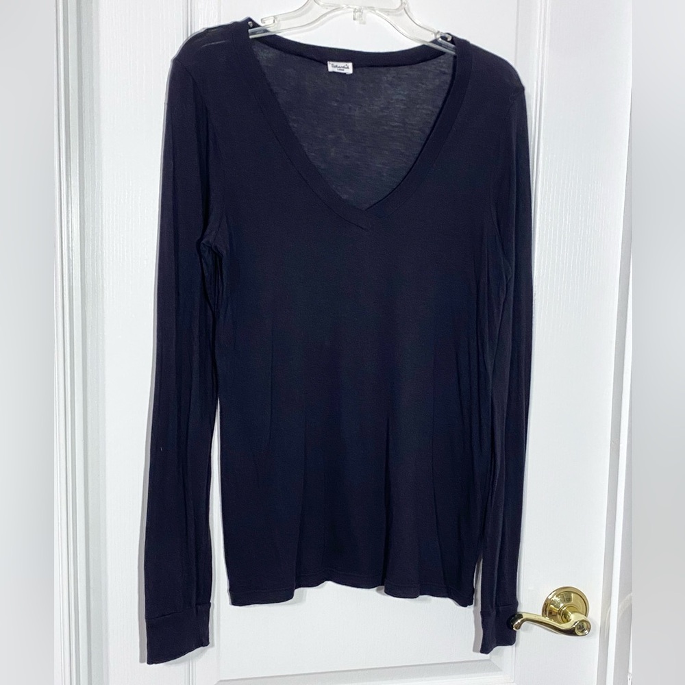 Splendid Pima Cotton Modal V-Neck Long Sleeve Tee Black Large